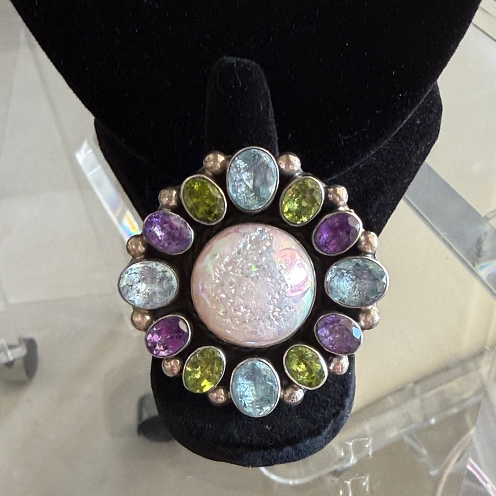 Iridescent Center Multi-Gem Brooch — White, Blue, Purple & Green